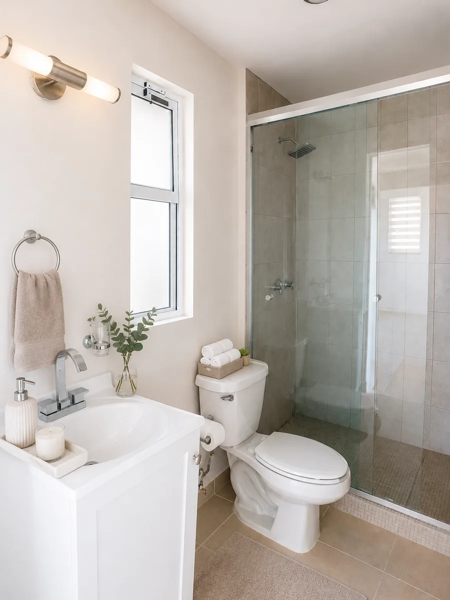 Baño del departamento muestra con accesorios y decoración