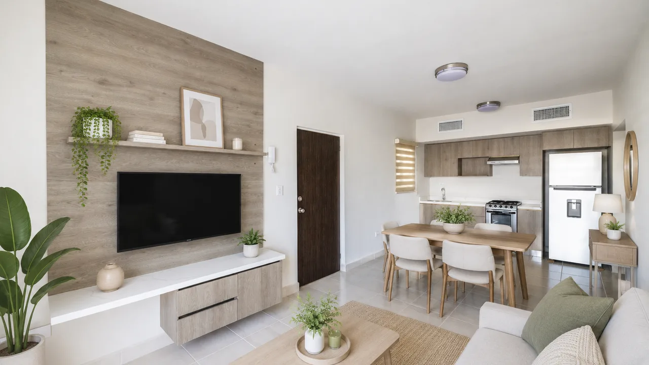 Cocina y comedor del departamento muestra amueblados con mesa, sala y TV