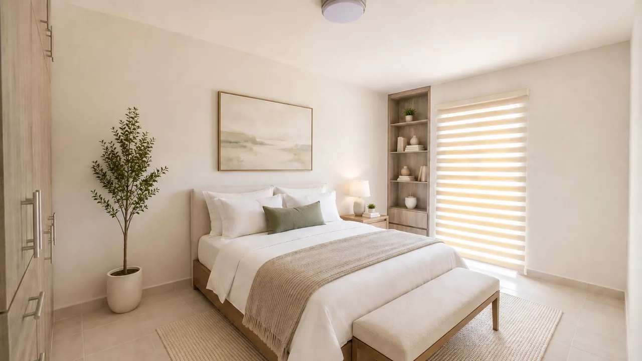 Segunda recámara del departamento muestra amueblada con cama y decoración