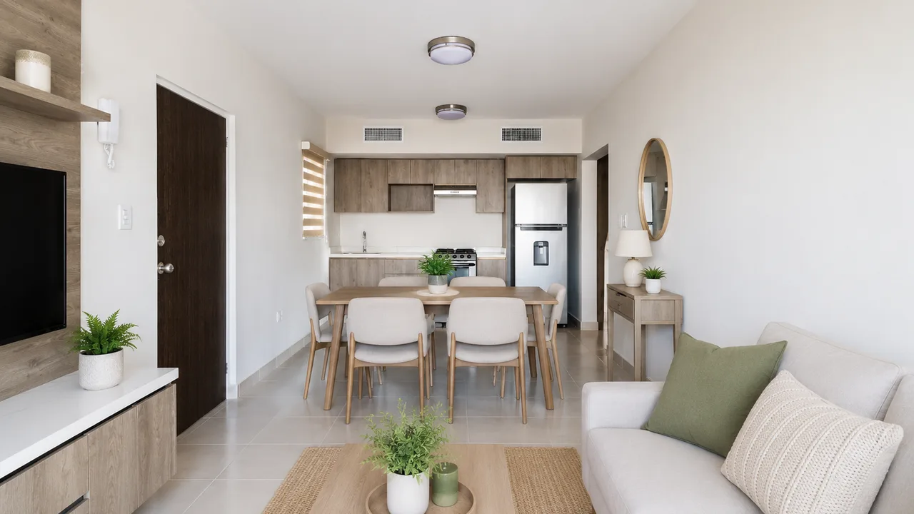 Sala del departamento muestra amueblada con sala, comedor y decoración