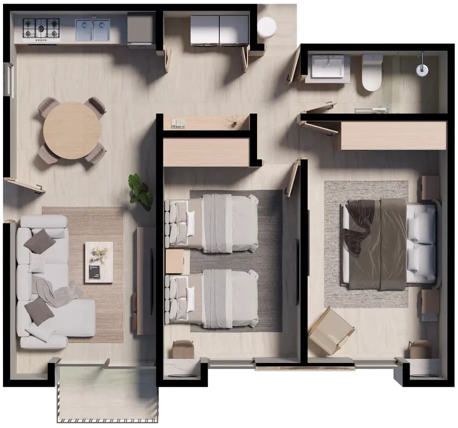 Plano completo de la unidad premium de Departamentos del Bosque con balcón